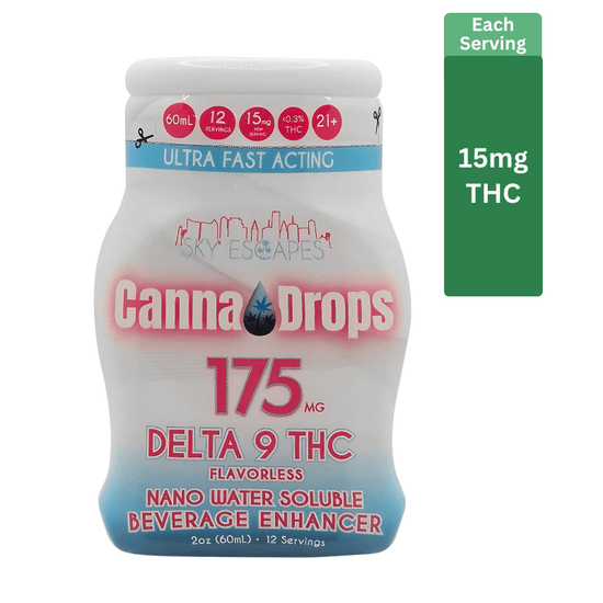CannaDrops 175mg Delta 9 THC flavorless nano water soluble beverage enhancer – fast-acting 2oz bottle with 12 servings, 15mg THC per serving.