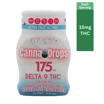 CannaDrops 175mg Delta 9 THC flavorless nano water soluble beverage enhancer – fast-acting 2oz bottle with 12 servings, 15mg THC per serving.