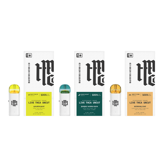 THCa Live Resin Uncut Starter Kit (1G) in Daytrip Sativa, Knockout Indica, and Anytime Hybrid.