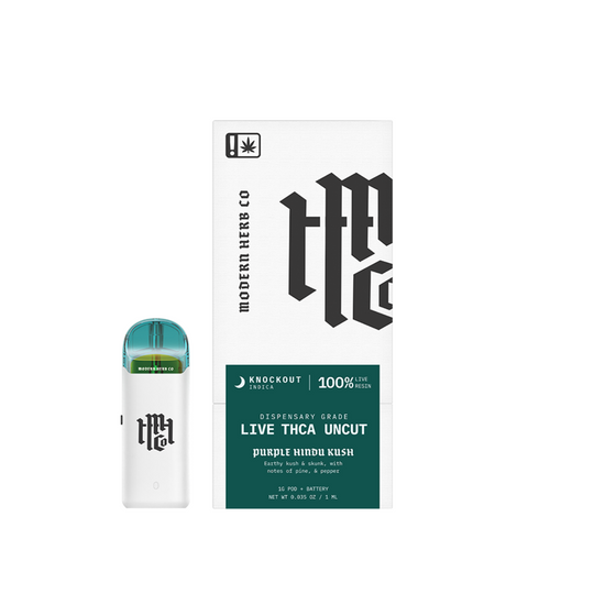 THCa Live Resin Uncut Starter Kit with 1G Pods in Purple Hindu Kush Indica variant.
