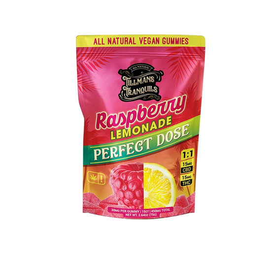 Tillmans Tranquils CBD THC gummies in raspberry lemonade flavor.
