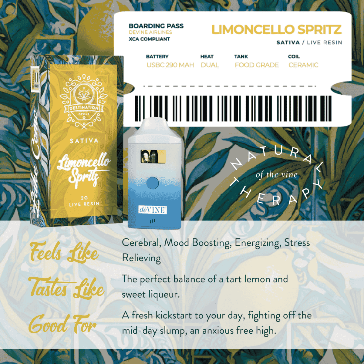 Limoncello Spritz product packaging with branding and product details on a decorative background.