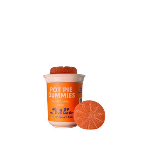 Pot Pie Delta 9 THC Gummies in Peach Cobbler (Indica) & Strawberry Shortcake (Sativa).