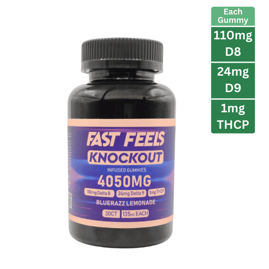 Bottle of Fast Feels Knockout gummies with label and supplement information on a white background