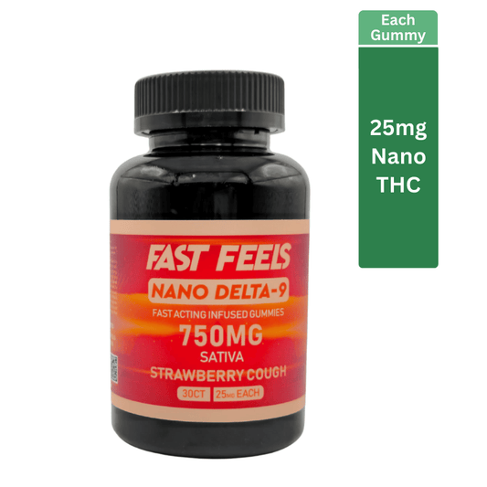 Bottle of Fast Feels Nano Delta-9 gummies with label details on a white background