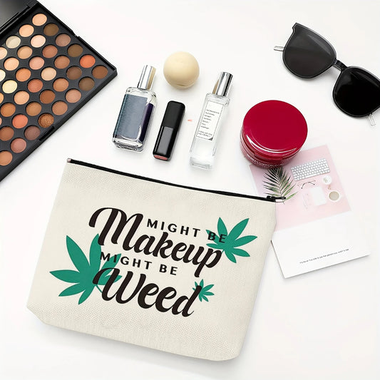 Cannabis-themed makeup bag with beauty products and sunglasses on white background.