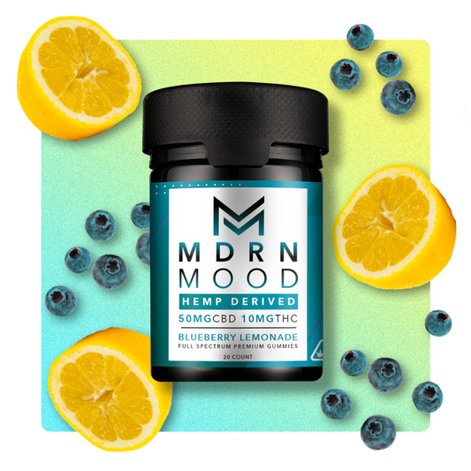Jar of CBD gummies surrounded by blueberries and lemon slices on a colorful background.