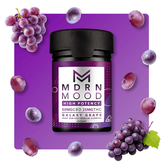 Jar labeled 'MDRN MOOD' on a purple background with grapes.