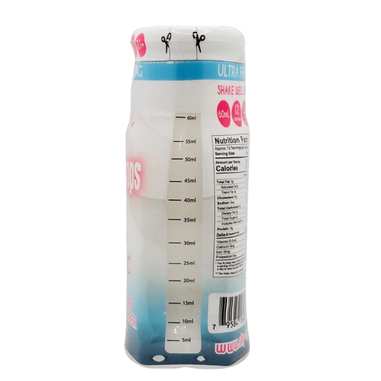 Back of Canna Drops 175mg Delta 9 THC bottle showing dosage measurements and nutrition facts – nano water-soluble THC beverage enhancer.