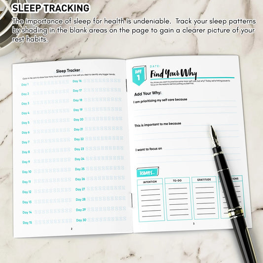 Track your sleep with 30-Day Self-Care Journal.