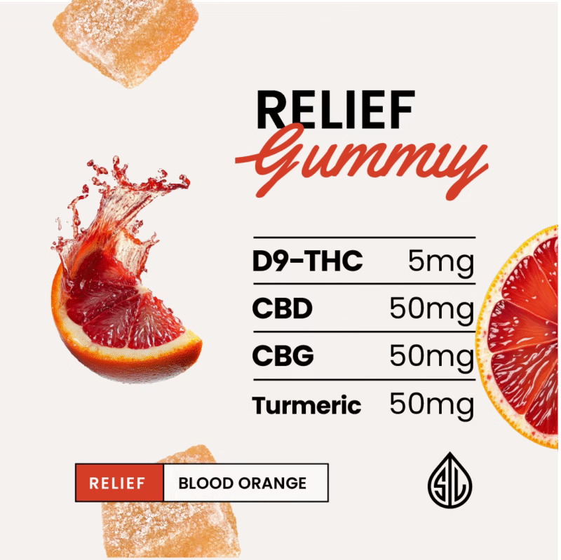 Relief gummy label with blood orange slices and product details on a white background
