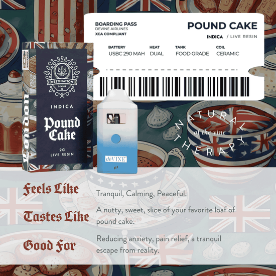 Pound Cake Indica Vape 2g Live Resin with Delta 8, THCP, CBN – calming effects and dessert-like flavor.