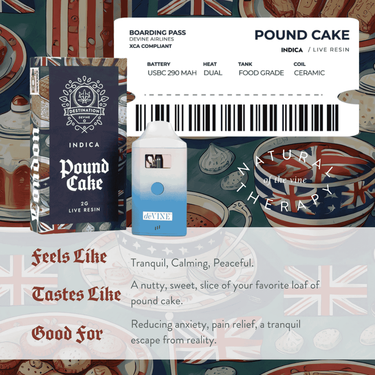 Pound Cake Indica Vape 2g Live Resin with Delta 8, THCP, CBN – calming effects and dessert-like flavor.