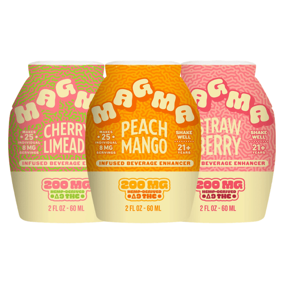 Magma THC drink drops in Cherry Limeade, Peach Mango, and Strawberry flavors