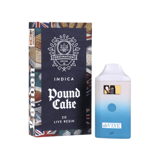 Pound Cake vape pen packaging with blue gradient design on a white background