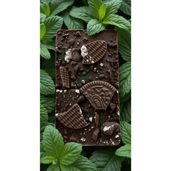 Mint chocolate bar topped with crushed chocolate cookies on fresh mint leaves.