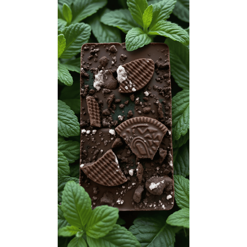 Mint chocolate bar topped with crushed chocolate cookies on fresh mint leaves.