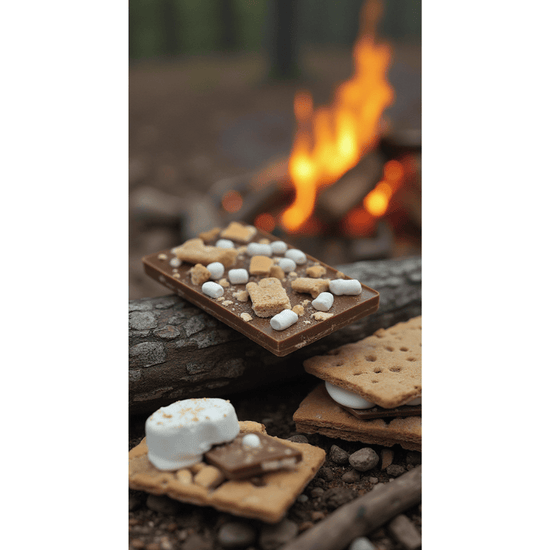 S’mores chocolate bar topped with graham cracker pieces and marshmallows by a campfire.
