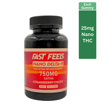 Bottle of Fast Feels Nano Delta-9 gummies with label details on a white background