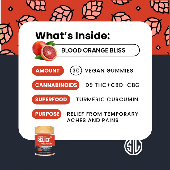 Product label for 'Blood Orange Bliss' vegan gummies with ingredients and benefits on a red and black background.