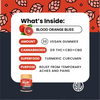Product label for 'Blood Orange Bliss' vegan gummies with ingredients and benefits on a red and black background.