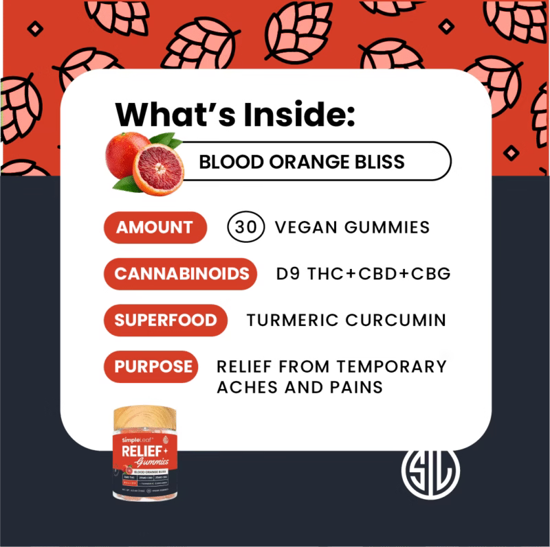 Product label for 'Blood Orange Bliss' vegan gummies with ingredients and benefits on a red and black background.